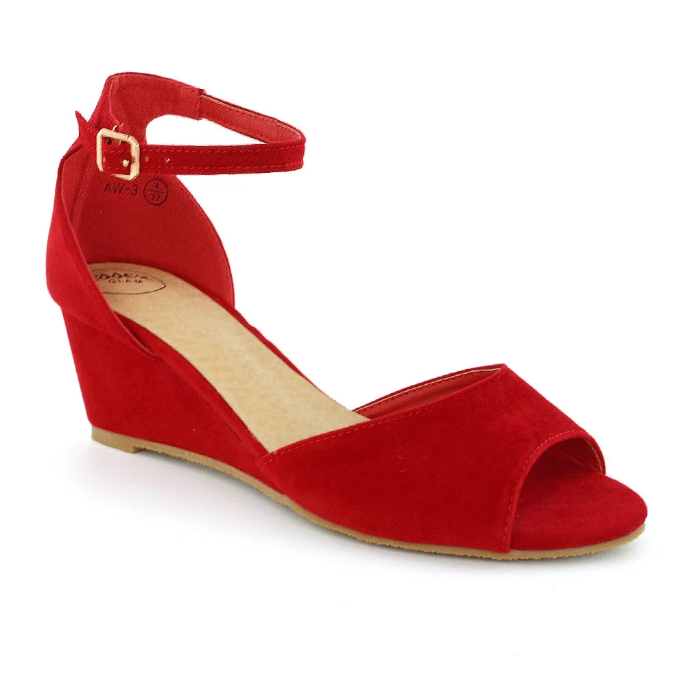 LOTTIE Mid Sandal Wedge Heels Bridal Shoes with Buckle Up Ankle Strap in Red