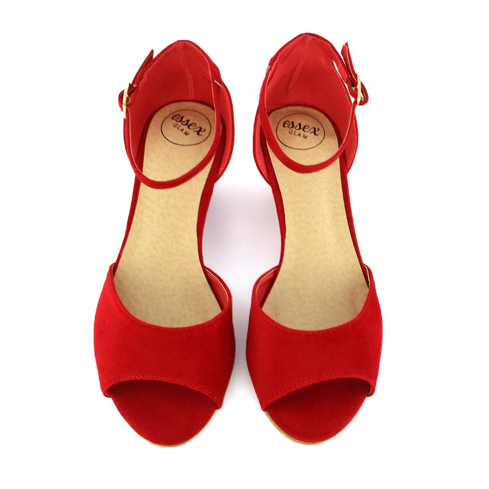 LOTTIE Mid Sandal Wedge Heels Bridal Shoes with Buckle Up Ankle Strap in Red