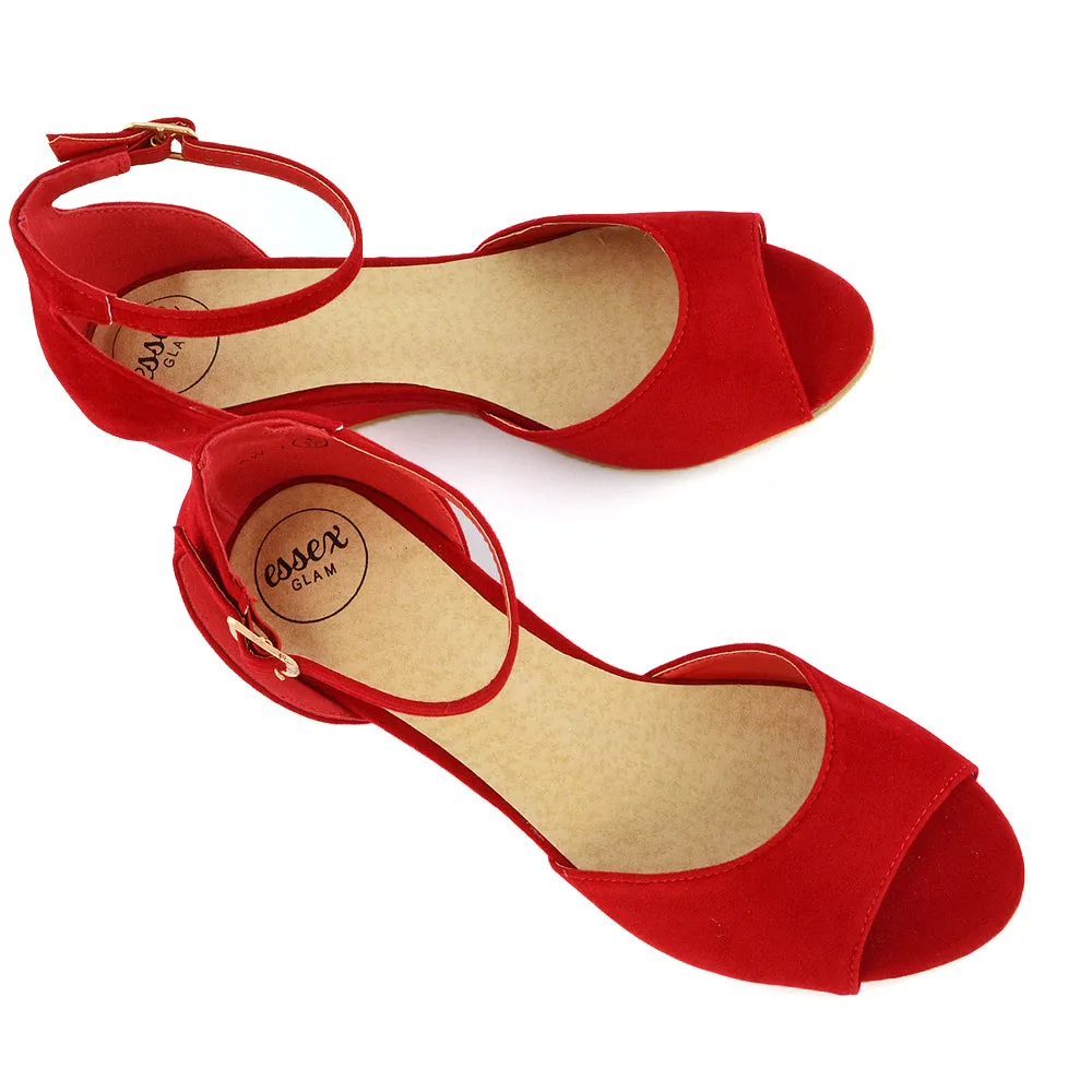 LOTTIE Mid Sandal Wedge Heels Bridal Shoes with Buckle Up Ankle Strap in Red