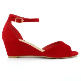 LOTTIE Mid Sandal Wedge Heels Bridal Shoes with Buckle Up Ankle Strap in Red