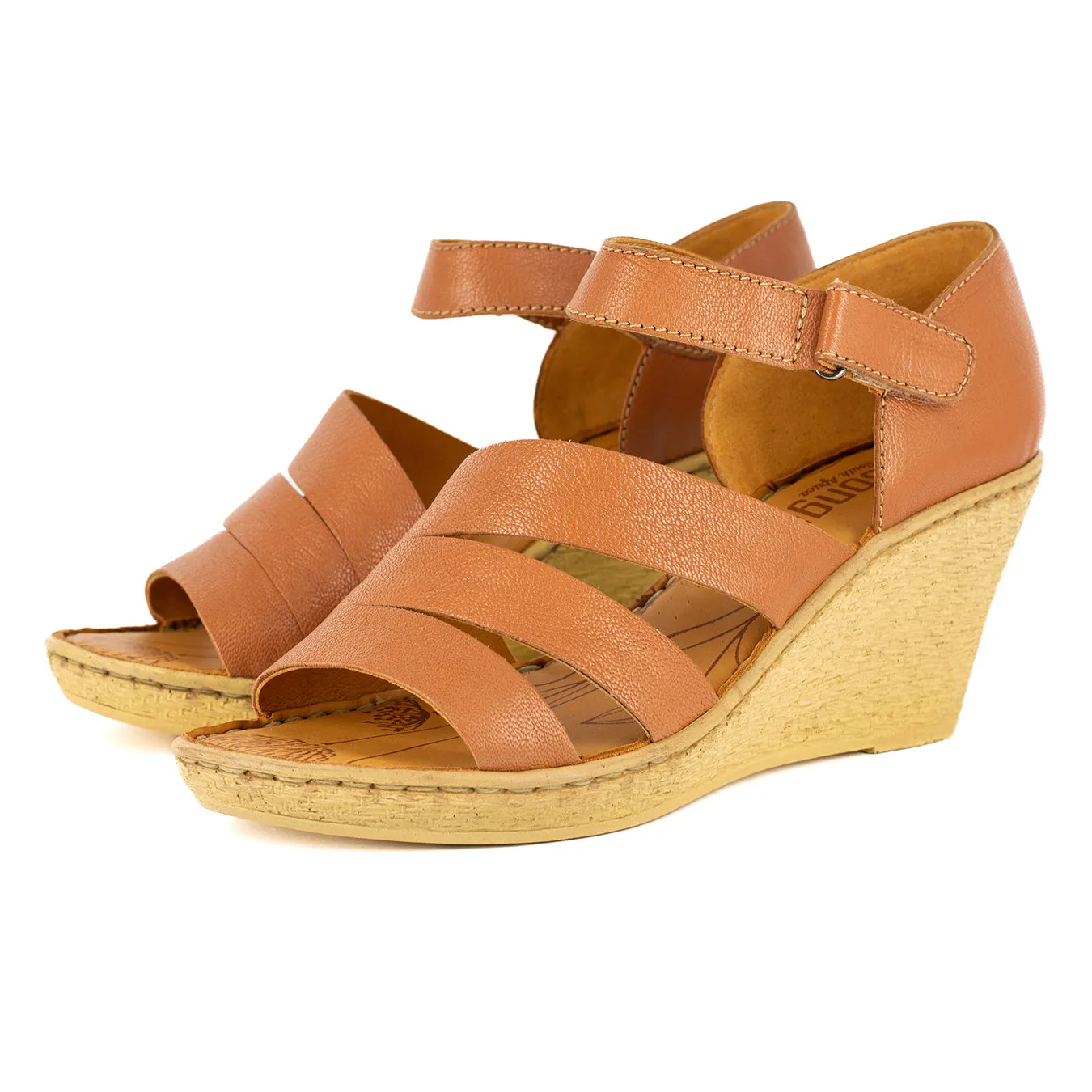 Nontle : Ladies Leather High-Heel Wedge Sandal in Oak Cayak