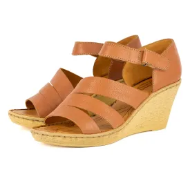 Nontle : Ladies Leather High-Heel Wedge Sandal in Oak Cayak