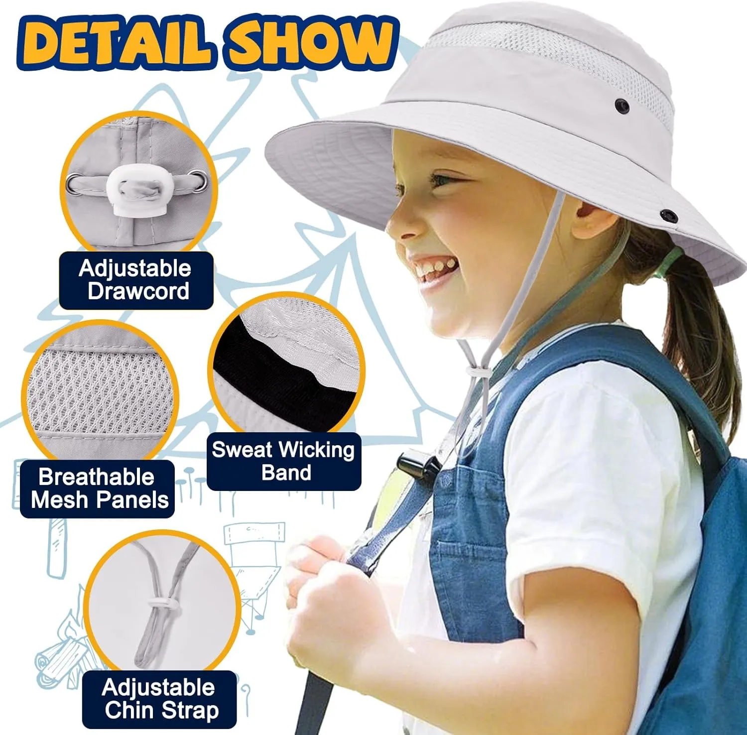 Outdoor Kids Sun Hat for Boys Girls Wide Brim Mesh Bucket Hat UPF 50  Sun Protection Breathable Summer Fishing Safari Hat