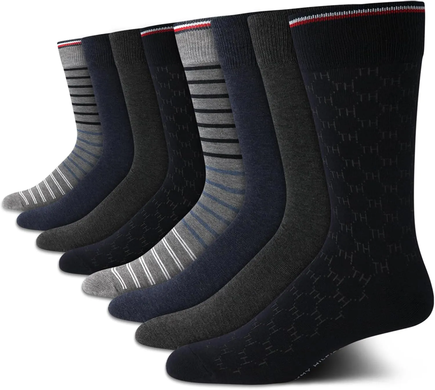 Tommy Hilfiger Mens Dress Socks - 8 Pack Stylish Crew Socks for Men, Breathable, Moisture-Wicking & Stretchable, Size 7-12
